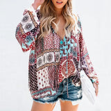 V Neck summer printed Flora lace Up chiffon blouse Ladies Long Sleeve Shirts blusas mujer de moda