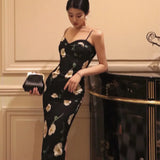Women's Spaghetti Strap Midi Prom Black Dress Female Fashion Elegant Slim Party Clothes