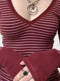 Striped V Neck Knit Long Sleeve Tee-Outfit