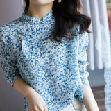 Style Spring Summer Stand Collar Women Chiffon Blouses Shirts Lady Casual Printed Chinese knot Collar Blusas