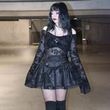 Summer New Dark Wind Shoulder Flocking Blouse Sexy Hot Girl Slim Short Skirt