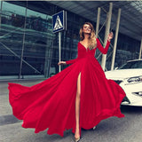 2021 Fashion Summer Sexy Women Deep V-Neck Big Dress Elegant Long Sleeved Solid Slit Vestido Lady Party Nightclub