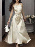 Satin Midi Dresses for Women 2023 New Summer French Fold Hollow Out Elegant Prom Fashion Slim Casual Female Clothes