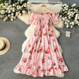 Zingj 2024 New French Vacation One-Line Collar Off-Shoulder Short Sleeve Closed Waist Slim Flower Long Grandiflorum