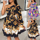 Zingj Women's Bohemian Print Diagonal Shoulder Long Sleeve Middle
