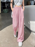 Summer Women Pants Wide Leg Trousers High Waist Ice Slik Pant Elastic Waist Loose Straight Baggy Pants Woman