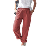 Linen Trousers Solid Color Elastic High Waist