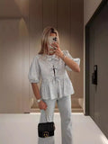 Zingj Fashion Casual Print Hollowed-Out Lace-Up With Lotus Leaf Bubble Sleeves Shirt Women's