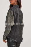The Ins Hot Ladies Design Cotton Leopard Print Jeans Make Old Fur Lapel Collar Buckle Long Sleeve Shirt-Outfit