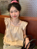 Women Flying Sleeve Loose Sweet Casual Summer All-match Tops Korean Style Students Chic Tender Solid Clothes
