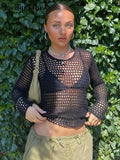 Summer See Through Mesh Smock Crop Tops Women Beach Distressed Crochet Fairycore Y2K Retro Long Sleeve T Shirt