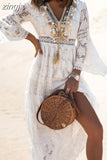 Dress Women Sexy White Dress Female Fashion V Neck Short Sleeves Summer Dress Ladies Hollow Out Maxi Dress Robe