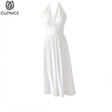 2022 Summer French Elegant Halter Midi Dress for Women V Neck Retro Beach Holiday Robe Sleeveless Backless New