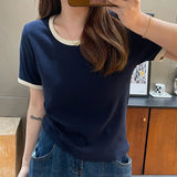 Color Threaded Round Collar Short-Sleeved T-Shirt Women's New Slim And Unique Chic Blouse In Spring And