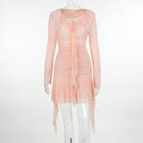 Lotus Leaf Ribbon Ribbon Pleated Long-Sleeved Dress Ins Pure Fashion Autumn New Spicy Girls Hip