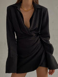 Padded Shoulder Shirt Dress Elegant Fashion Casual Cover Finger Long Sleeve Folds Party Evening Mini Dresses for Women
