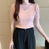 Basic Short Sleeve T-shirts Women 2022 Summer Solid O-neck Thin Knitting T Shirts Woman Korean Slim Fit Ribbed