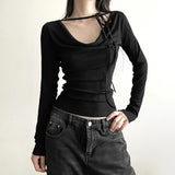 Solid Collar Neck Tie Long Sleeve Knitted TeeOutfit