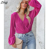 PETAL Surplice Neck Peasant Long Sleeve Top For Woman Fuchsia Casual Pullovers 2023 Spring Autumn Tee Shirts