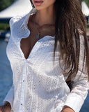 Women Two Piece Set Eyelet Embroidery Buttoned Shirt Top &amp; Pocket Design Shorts Set