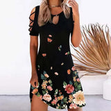 Women Floral Print Party Dresses Sexy Summer Short Sleeve O-Neck Mini Dress For Ladies Hollow Out Design Elegant Dress