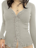 Front Buttons Lace Panel Knit Top- Outfit