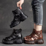 New Fish Mouth Roman Sandals With Thick Soles Raised Open Toe Cool Boots Women's Retro High Top Hollowed-Out Muffin Sandals