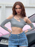 Women Halter Tops Gothic egirl Patchwork Long Sleeve Crop Top Sexy Cut Out Casual