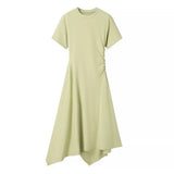 Two-Color Short-Sleeved Pleated Irregular Dress In