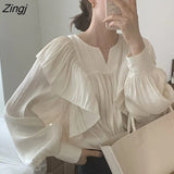 Women Ulzzang Chic Fall Simple Vintage Tops Office Lady Clothing All-match Long Sleeve Blusas Mujer Elegant Pure