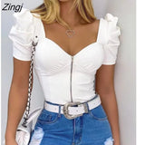 Women Short Puff Sleeve Tops Fashion Summer V Neck Solid Color Zip Up Slim Fit T-Shirts Basic Tops
