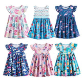 New Girls Summer Dress Flare Sleeve Sundress for Girls Princess Casual Wear Unicorn Printing Hawaii Holiday Beach