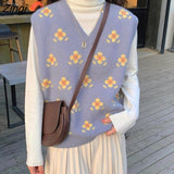 Vest Women Blue Sleeveless V-neck Floral Jacquard Elegant Korean Style Knitting Spring Autumn All-match College