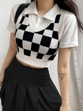 SUCHCUTE Argyle Printed Women Sweater Vest Preppy Style Girls Sleeveless Knitting Crop Tops Slim V Neck Lady Top Streetwear