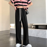 Summer Ice Silk Wide Leg Pants Women Korean Style High Waist Split Straight Trousers Simple Loose Drape Casual