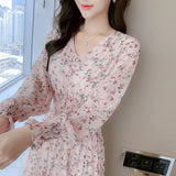 Summer Mujer Fashion Female Vintage Printed Long Sleeve Loose Chiffon Dress Women Casual A-line Long Dresses
