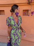 Cross Knot V-neck Printed Long Dresses For Women Chic Short Sleeved Bodycon Dresses 2024 Summer Female High Street