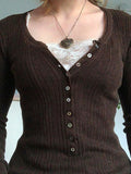 Crop Top Women Lace Button T Shirt Female Long Sleeve Top Knitted Sweater Ladies Solid Basic Slim Tee Spring