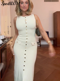 New Fake Pockets Knitted Long Dress Fashion Single Button Sleeveless O Neck Slim Dresses Summer Lady Commute Party