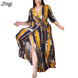 Women's Dress Sexy V-Neck Seven-Sleeve Polyester+ spandex Casual Long Split Dress Printed Party Elegant