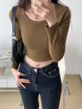 Solid Color Long-Sleeved T-Shirt Women's Early Autumn New Short Style Slim U-Tie Bottom Shirt With A Hundred Collarbone