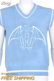 Skulls Blue Knitted Sweaters for Women Fashion Winter Tops Oversized Jumper V Neck Long Sleeve Pullovers Halloween