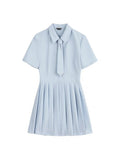 Polo Ruffles Pleated Dresses Women Short Sleeve Solid Vestidos Chic Lattice Tie Summer Mini A-line Dress Preppy