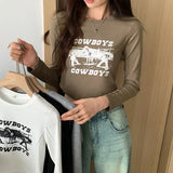 Shoulder Round Collar Long-Sleeved T-Shirt Women's Early Autumn New High-Waisted Spicy Girls Short Style