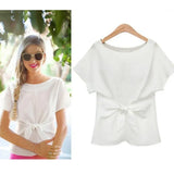 Summer Women Batwings Bowknot Blouses O-Neck Short Sleeve Shirts Casual Chiffon Slim Tops Plus Size Oversize