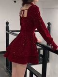 Hot Girl Red Velvet Dress Women's Autumn/Winter Christmas Square Collar Long-sleeved Slim Fit A-line Dress Female