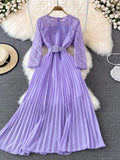 Women Lace Patchwork Pleated Long Dress Vintage Round Neck High Waist Big Swing Draped Vestidos Female Green/Red Robe