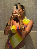 Collar Backless Cut Out Gradient Dress Hollow Out Sleeveless Lace Up Dresses Women Irregular Split Evening