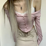 Pure Style Women's Dress Ins Street Lace Spliced U-Shaped Hem Button Long-Sleeved Sweater Women's