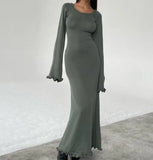 Solid Flared Sleeves Lace Maxi Dress Lady Backless Lace Up Long Vestidos Female Casual Streetwear Club Party